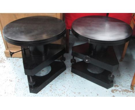 ANDREW MARTIN LAMP TABLES, a pair, industrial style black metal finish, 55cm diam x 60cm H. (2)