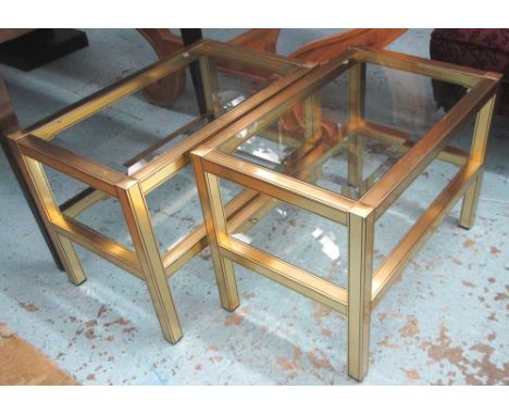 LAMP TABLES, a pair, rectangular form bevelled glass with brass effect metal frames, 65cm x 40cm x 45cm H. (2)