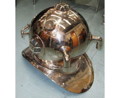 REPLICA OF A DIVERS HELMET, in chromed metal finish, 36cm H. 