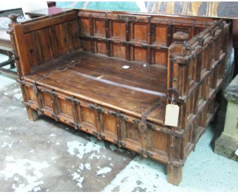 BENCH, 19th century Indian teak and metal bound of all round panelled construction with hinged seat, 97cm H x 152cm x 87cm.