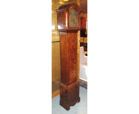 DWARF LONGCASE CLOCK, burr walnut, early 20th century with silvered and brass face, 174cm H x 23cm x 35cm.