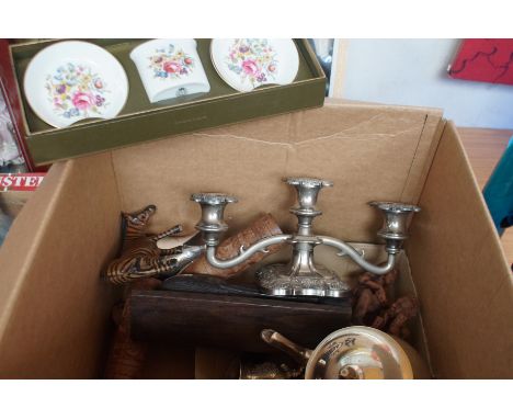 Box to include Royal Worcester, African Carvings &amp; Silver Plated Ware 