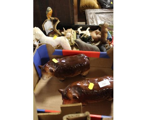 TWO BUTCHER SHOP CERAMIC BULLS TOGETHER WITH A TRAY OF ASSORTED ANIMAL FIGURES TO INCLUDE AYNSLEY AND A DISNEY FIGURE OF MICK