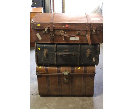 A TIN TRAVEL TRUNK &amp; TWO VINTAGE SUITCASES (3)