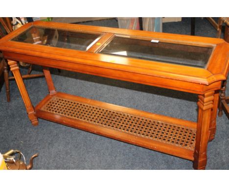 A MODERN BERGERE CONSOLE TABLE, NEST OF TABLE AND A TABLE