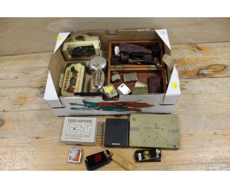 A TRAY OF COLLECTABLES TO INCLUDE PIPE, LIGHTER ETC 