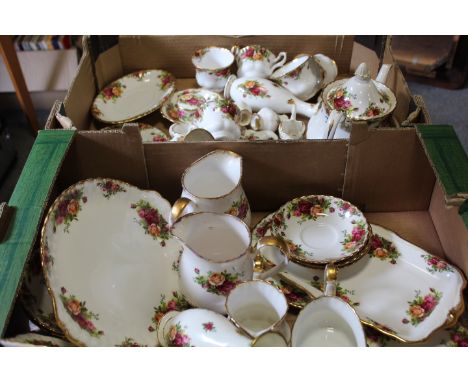 TWO TRAYS OF ROYAL ALBERT OLD COUNTRY ROSES COMPRISING A TEA SET AND EXTRAS, TO INCLUDE TEAPOT, 6 x CUPS, 6 x SAUCERS, 6 x SI