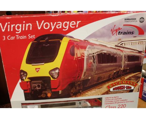 A BOXED BACHMANN 00 GAUGE SCALE VIRGIN VOYAGER CLASS 220 BOMBARDIER THREE CAR TRAIN SET WITH TRACK AND TRANSFORMER AND TRANSF