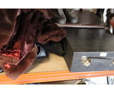 A BOXED ELECTRICAL CALCULATOR, HOLDALL, FUR AND ARMY COAT &amp; SUITCASE ETC