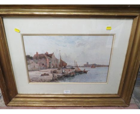 A GILT FRAMED AND GLAZED PRINT OF A STUART LLOYD WATER COLOUR OF A RIVER BANK TAVERN