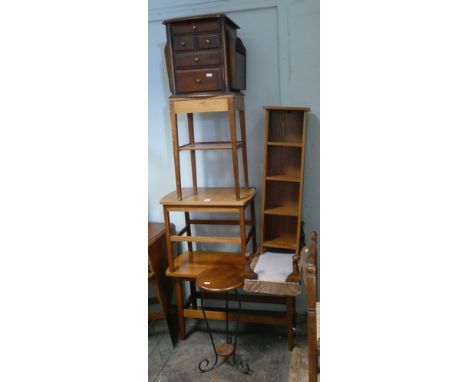 2 coffee tables, plant stand, CD rack, stool, bedside table and a miniature chest of drawers 
