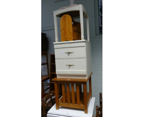 Cream 2 door bedside chest, 2 tier oak coffee table, dressing stool and a magazine rack 