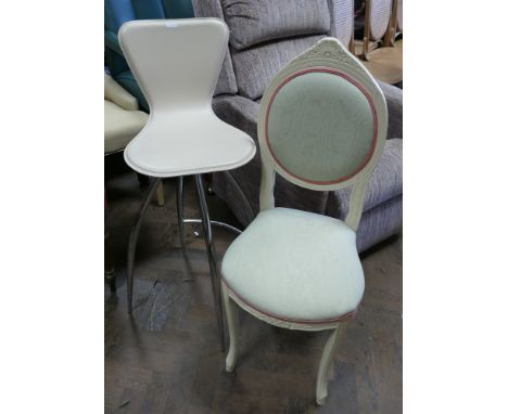 Small pale green upholstered bedroom chair with cream painted frame and a swivel high kitchen stool 