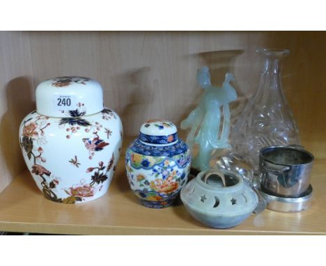 Coalport ginger jar with cover, one other, glass decanter, imitation jade figure etc. 