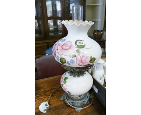 Rose decorated glass and metal oil lamp with shade converted to electricity 