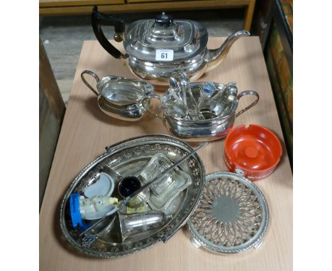 3 piece plated tea and coffee set, fruit basket, condiments, various spoons etc. 