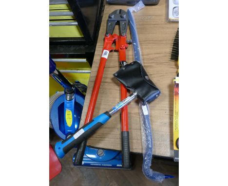 Pair of bolt cutters, small axe and a crow bar 
