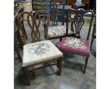 Georgian Chippendale style mahogany elbow chair and 2 Georgian dining room chairs, each with tapestry seats 