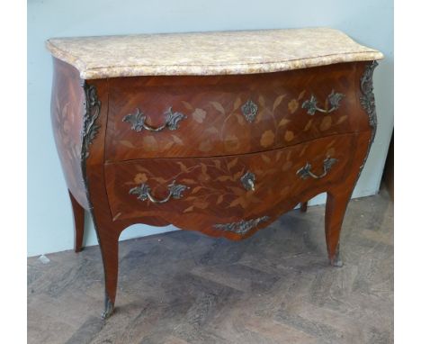 3'6 French bombe front commode chest with fitted 2 drawers and gilt metal mounts and coloured marble top 