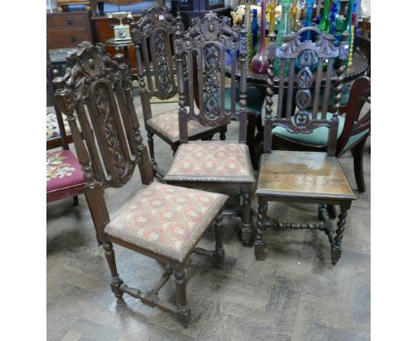 Three Victorian carved oak dining chairs with pink tapestry seats and one similar hall chair with wood panel seat 
