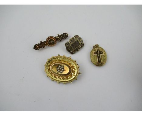 A Victorian 15ct yellow gold and pearl brooch, together with another brooch set with rose cut diamonds, a memorial brooch con