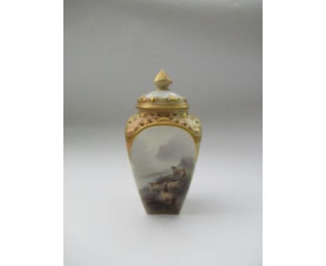 A Royal Worcester tapering square vase, decorated with an panel of sheep by John Stinton, with three other landscape panels a