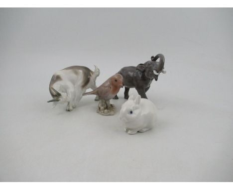Three Bing and Grondahl models, an Elephant, 1806, a Robin, 1856 and Goat,1700, together with a&nbsp;Royal Copenhagen&nbsp;Ra