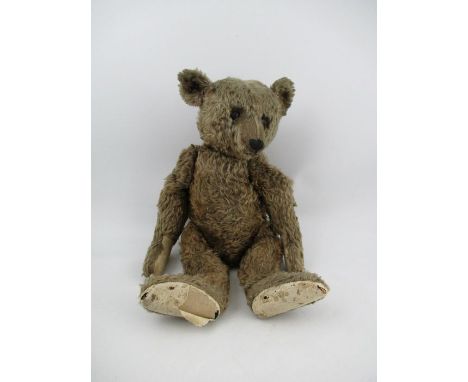 An early Steiff teddy bear, in dark brown, with shoe button eyes, pointed snout, hump back, remains of a growler, height 24in