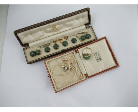 A seed pearl necklace, with 15ct gold barrel clasp, together with cased dress studs, a poison ring etc