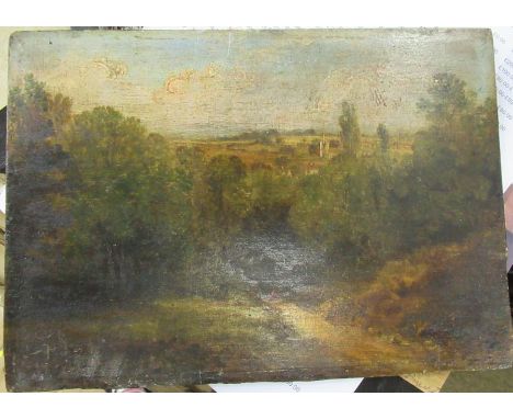 A 19th century school oil on panel, rural landscape with church in the background , unframed, very dirty condition, 7.5ins x 