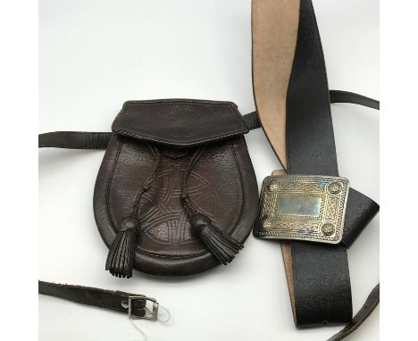 Antique brown leather Celtic design sporran together with Modern belt with buckle. 