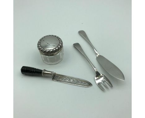 Birmingham silver topped and cut glass preserve pot, Birmingham baby spoon and fork, together with a black glass handle and p