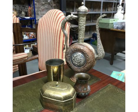 A Lot of four far eastern metal wares. To include a Heavy Persian/ Indian gilt brass and silver drinking mug, Copper vase, In