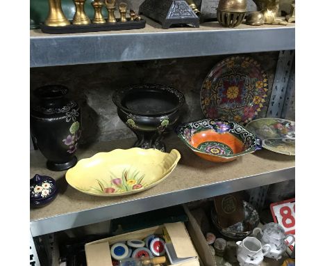 A Shelf of collectable porcelain to include Art Deco Shelley 'Violette' pattern vase and tazza bowl, Newhall floral design bo