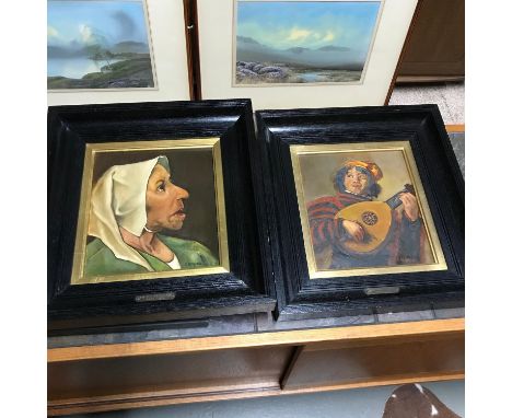 After Pieter Bruegell & Frans HalsOil painting on board of an Old Lady & The Lute Player. Painted and signed by J. De Raeve. 