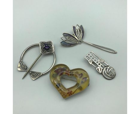 A Sterling silver and Amethyst plaid brooch, 925 silver and Lucite floral design brooch, Rennie Mackintosh flower design broo