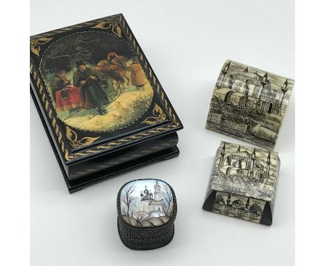 Russian Lacquered box, White metal pill box with enamel painted top and two bone hand painted Taj Mahal Palace scene pill box