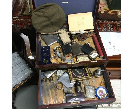 Antique cutlery chest containing various collectables to include Vintage boxed camera lenses, Cold painted spelter African wo