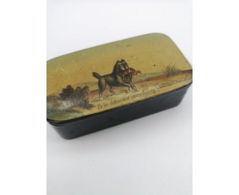 A Victorian snuff box depicting dog holding a rabbit in its mouth and titled 'To Be Delivered Immediately' Measures 2.5x7.5x4