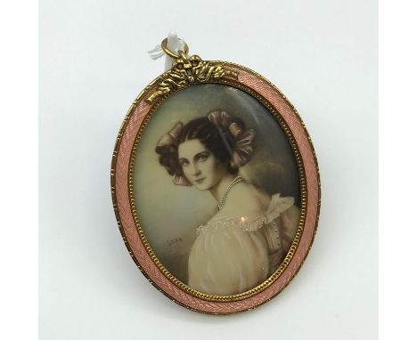 A Lovely example of an Antique miniature portrait painting [signed], showing a lady with pink ribbons in her hair, wearing a 