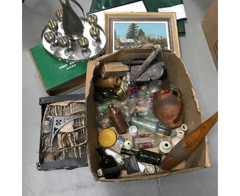 A Collection of odds which include antique wooden turned pin, old bottles, Victorian Wooden plaster tool, Dutch pewter tray, 