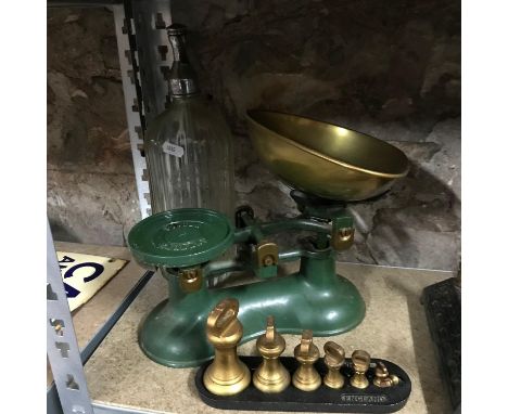 A Set of vintage kitchen weighing scales with weights together with vintage glass and chrome W Mitchell Dunfermline soda syph