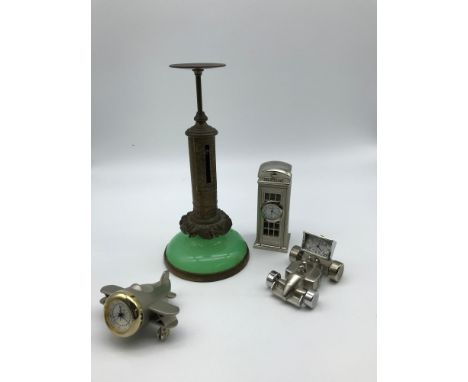Antique postal letter scales produced by R.W. Winfield Birmingham. Together with three novelty clocks 
