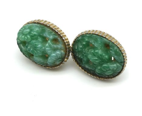 A Pair of Chinese hand carved jade and gilt metal clip on earrings. 