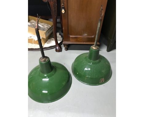 A Lot of two Industrial green enamel shade lights produced by Benjamin Crysteel 