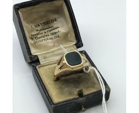 Antique Birmingham Gents 9ct gold signet ring set with a blood stone. Ring size V. Weighs 7.2grams. Together with a C Naysmit