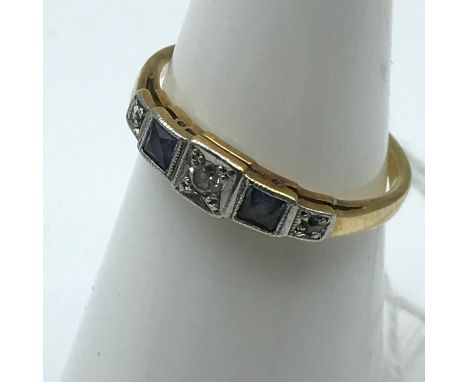 Antique 18ct gold and platinum ladies ring set with three diamonds and two square cut amythist stones. Ring size K and weighs