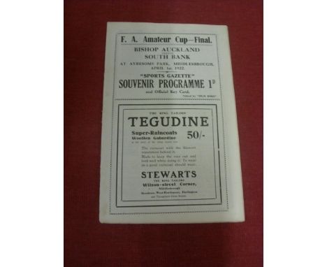 1922 FA Amateur Cup Final, Bishop Auckland v South Bank, a rare programme from the game played at Middlesbrough on 01/04/1922