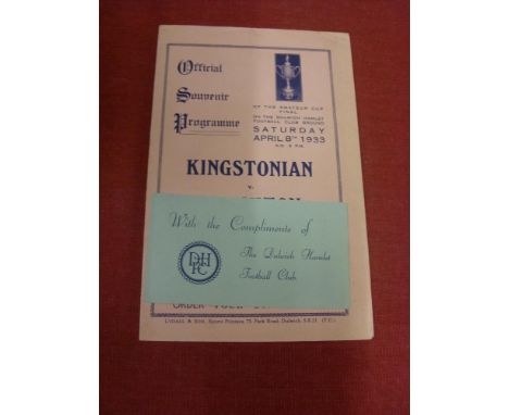 1933 FA Amateur Cup Final, Kingstonian v Stockton, a rare programme from the game played at Dulwich Hamlet on 08/04/1933, in 