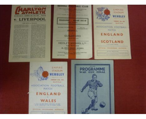 A collection of 5 football programmes, in various condition 1941 FL War Cup Final, Arsenal v Preston (Pirate Programme, No Pu